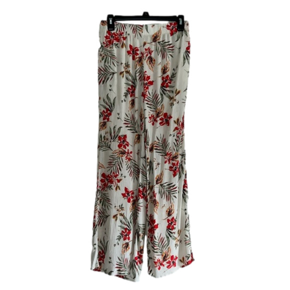 White floral linen pants elastic waist & pockets size medium red & orange - Picture 3 of 13